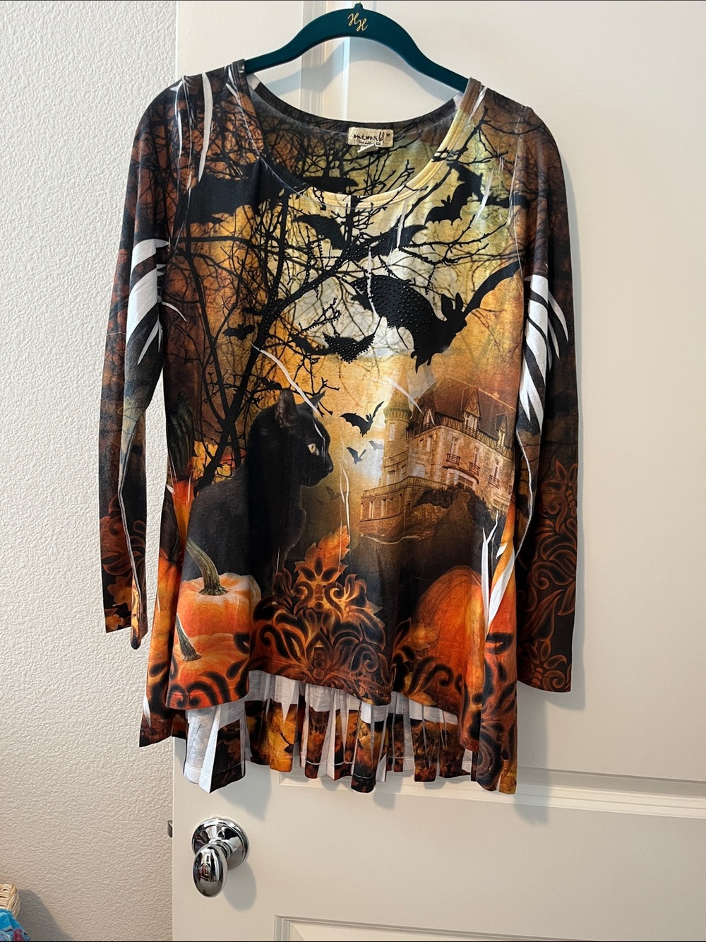 ONE WORLD Halloween Pumpkin Cat Long Sleeve Top - Orange/Black